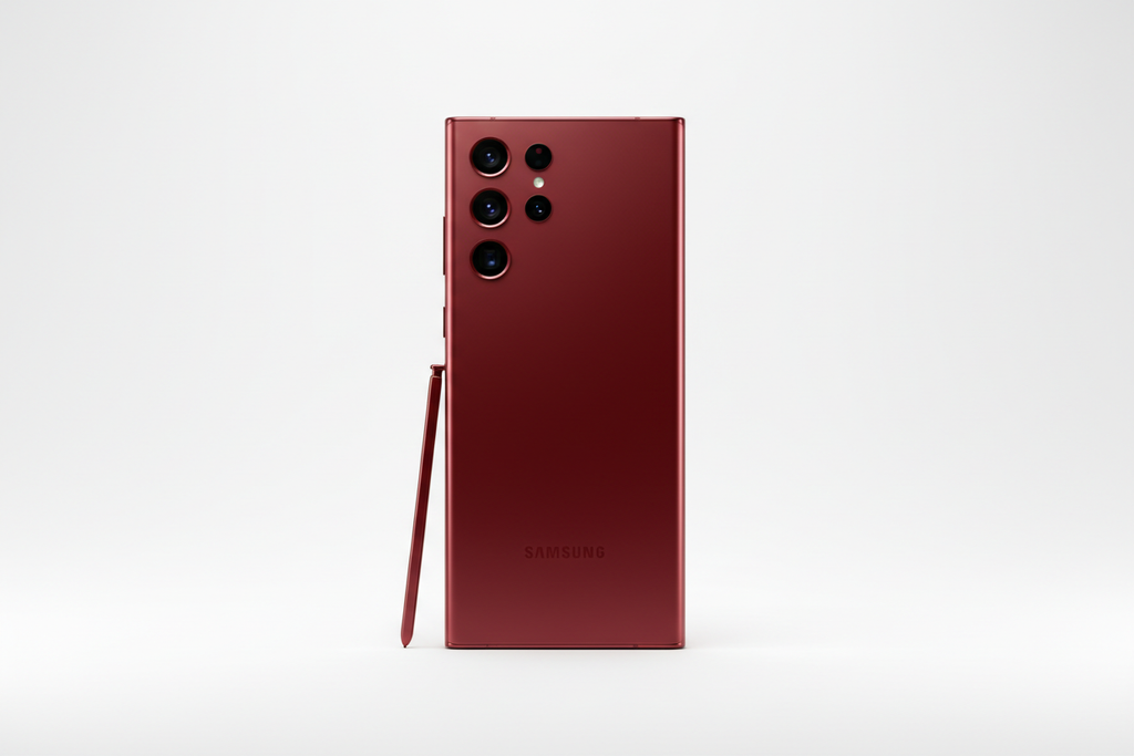 Samsung s22 ultra de couleur rouge avec un fond blanc?