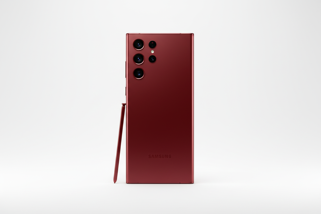 Samsung s22 ultra de couleur rouge avec un fond blanc?